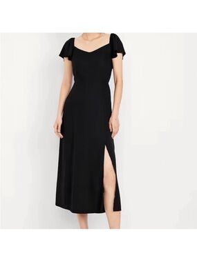 Old Navy Black Midi Dress with Flutter Sleeves and Side Slit